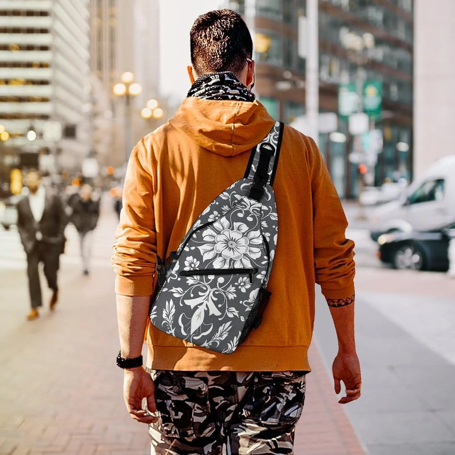 Sling Backpack Crossbody for Man Woman Gray Pattern Cross Body Adjustable Chest Bag