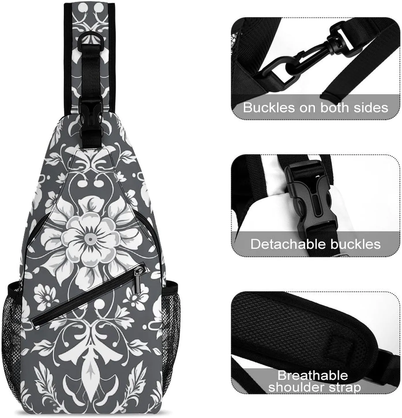 Sling Backpack Crossbody for Man Woman Gray Pattern Cross Body Adjustable Chest Bag