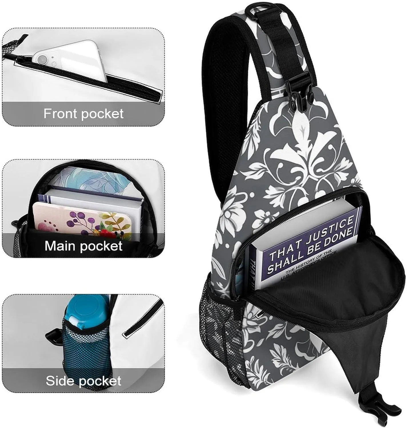 Sling Backpack Crossbody for Man Woman Gray Pattern Cross Body Adjustable Chest Bag