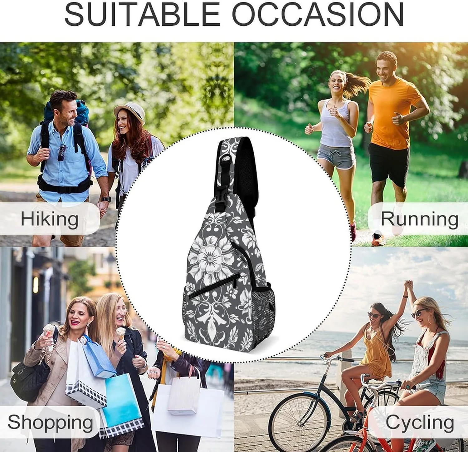 Sling Backpack Crossbody for Man Woman Gray Pattern Cross Body Adjustable Chest Bag