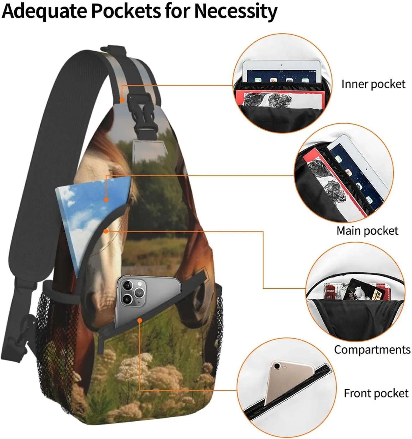 Sling Bag for Women Men Crossbody Bag Small Sling Backpack Two Horses on the Meadow Chest Bag Hiking Daypack
