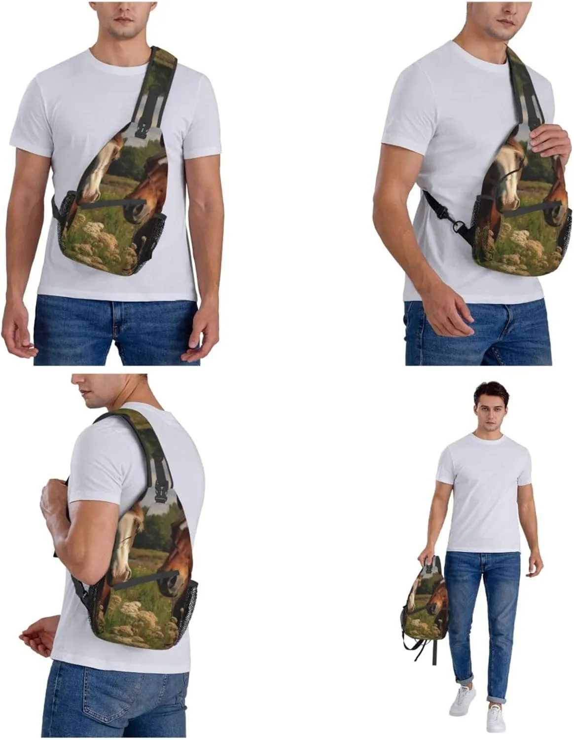 Sling Bag for Women Men Crossbody Bag Small Sling Backpack Two Horses on the Meadow Chest Bag Hiking Daypack