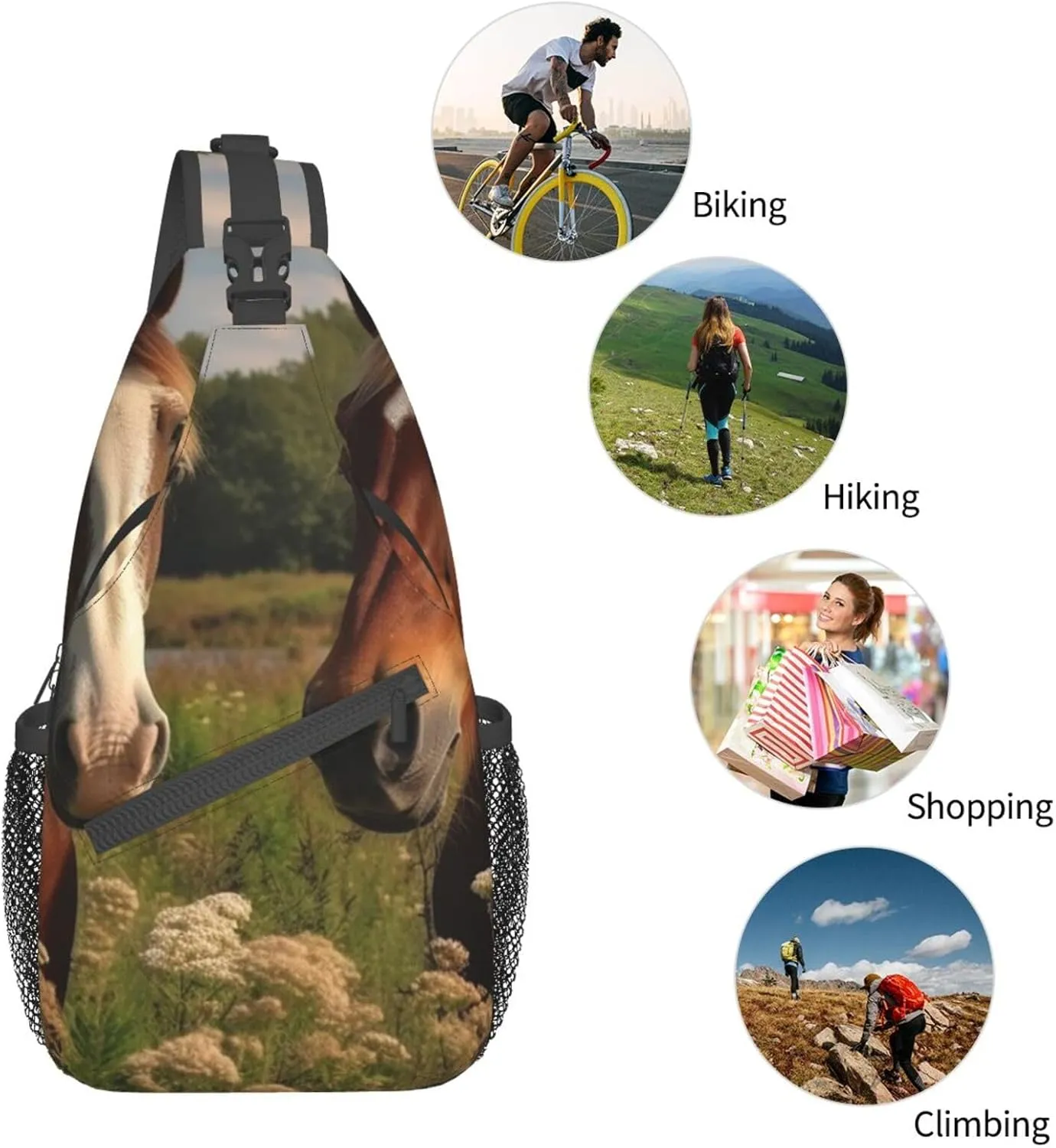 Sling Bag for Women Men Crossbody Bag Small Sling Backpack Two Horses on the Meadow Chest Bag Hiking Daypack
