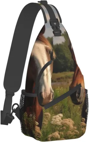 Sling Bag for Women Men Crossbody Bag Small Sling Backpack Two Horses on the Meadow Chest Bag Hiking Daypack