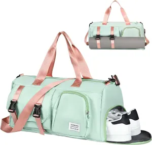 Small Gym Bag for Women, Waterproof Travel Duffle Bag Carry On Weekender Bag with Shoe Compartment & Wet Pocket, Tote Bag for Travel, Workout, Sport