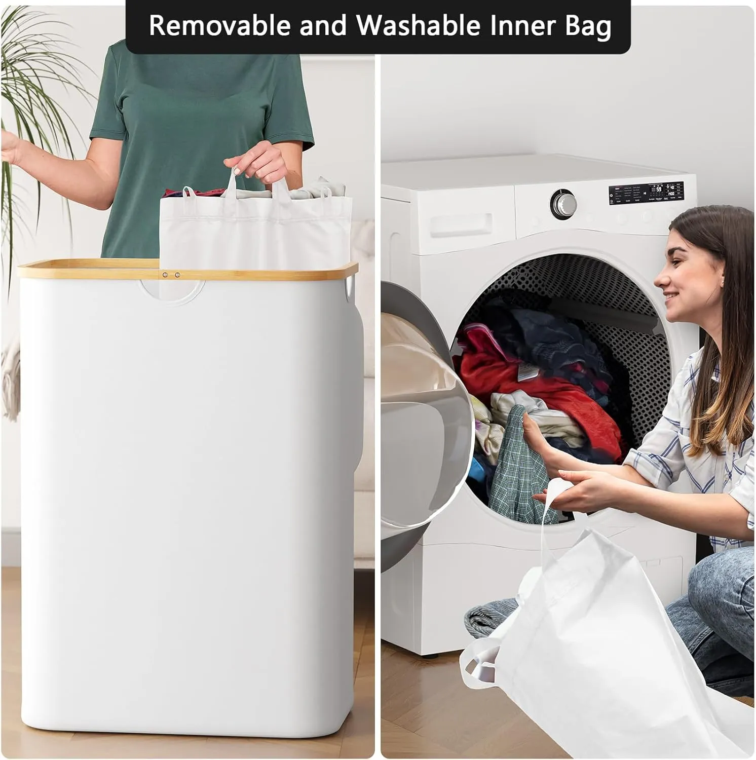 SpaceAid Double Laundry Hamper 2 Section with Lid and Removable Laundry Bags, 160L Clothes Basket with Bamboo Handles, Large Collapsible Hamper for Bedroom, Bathroom, Dorm, Laundry Room - White
