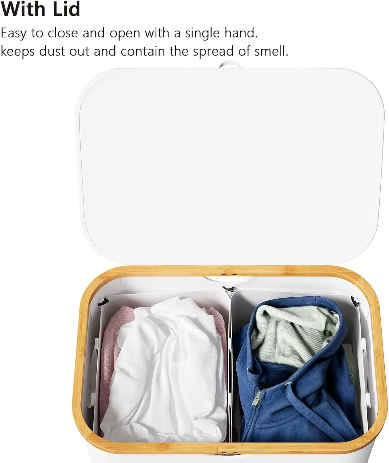 SpaceAid Double Laundry Hamper 2 Section with Lid and Removable Laundry Bags, 160L Clothes Basket with Bamboo Handles, Large Collapsible Hamper for Bedroom, Bathroom, Dorm, Laundry Room - White
