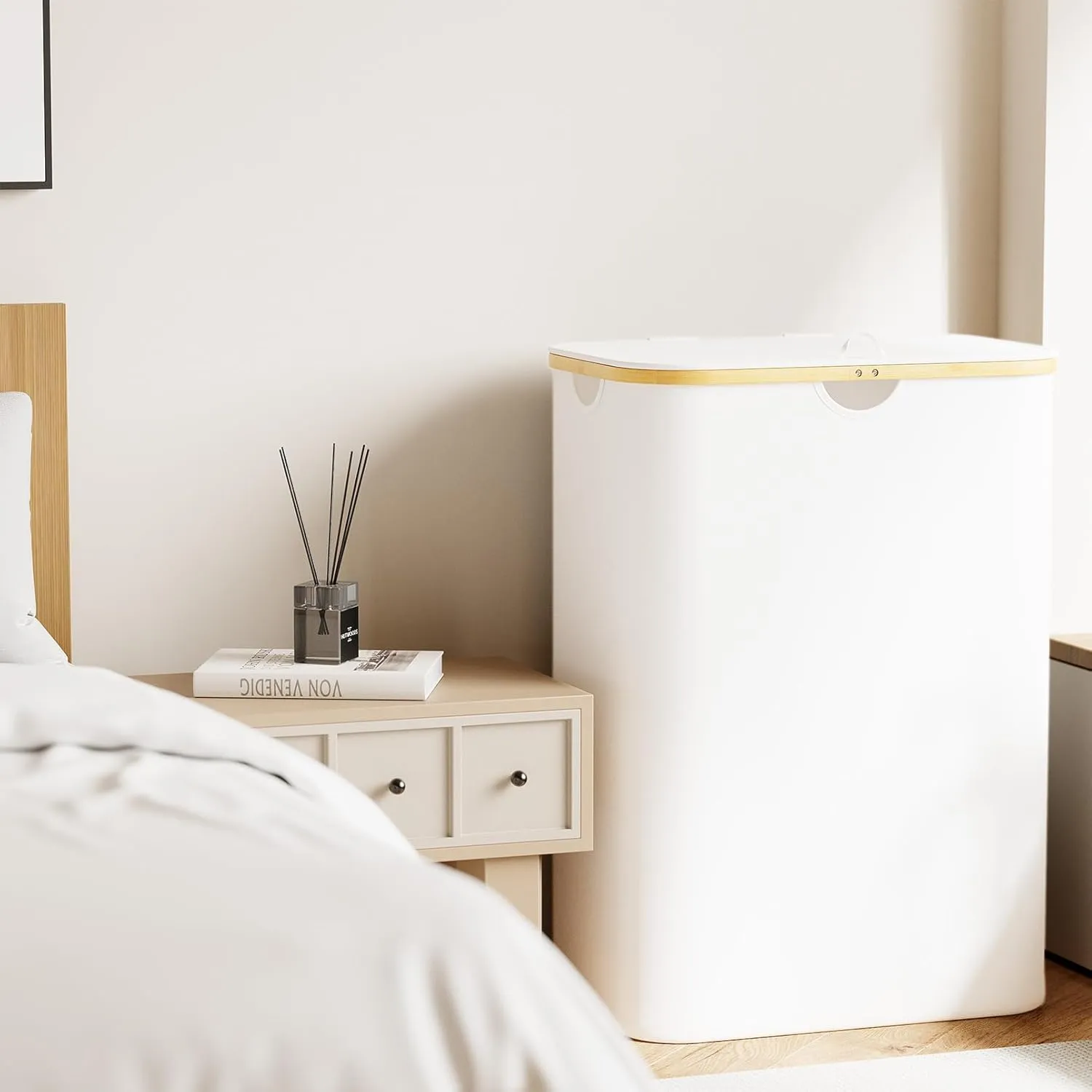 SpaceAid Double Laundry Hamper 2 Section with Lid and Removable Laundry Bags, 160L Clothes Basket with Bamboo Handles, Large Collapsible Hamper for Bedroom, Bathroom, Dorm, Laundry Room - White