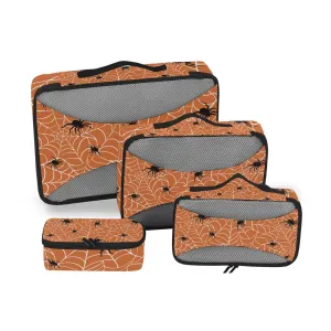 Spiders on Webs Seamless Pattern on Orange 4 Set Packing Cubes, Travel Packing Organizers, 600D Oxford Cloth Toiletry Storage Bag, Luggage Mesh Bags for Accessories