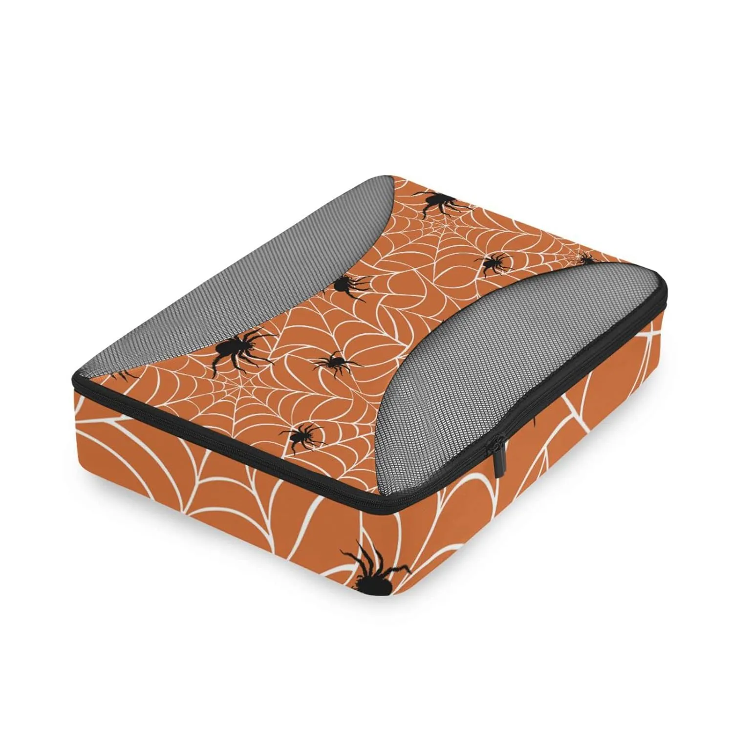 Spiders on Webs Seamless Pattern on Orange 4 Set Packing Cubes, Travel Packing Organizers, 600D Oxford Cloth Toiletry Storage Bag, Luggage Mesh Bags for Accessories