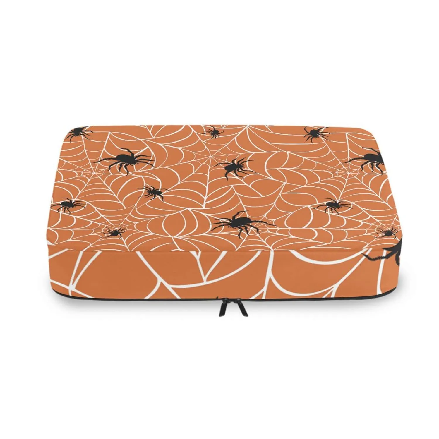 Spiders on Webs Seamless Pattern on Orange 4 Set Packing Cubes, Travel Packing Organizers, 600D Oxford Cloth Toiletry Storage Bag, Luggage Mesh Bags for Accessories