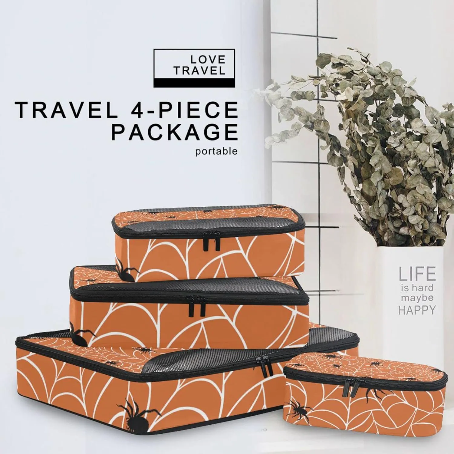 Spiders on Webs Seamless Pattern on Orange 4 Set Packing Cubes, Travel Packing Organizers, 600D Oxford Cloth Toiletry Storage Bag, Luggage Mesh Bags for Accessories
