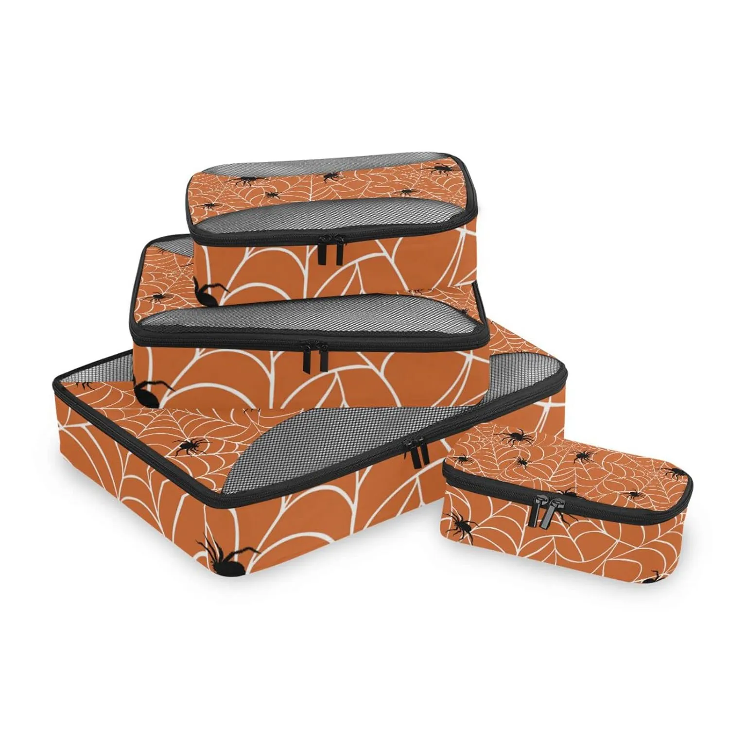 Spiders on Webs Seamless Pattern on Orange 4 Set Packing Cubes, Travel Packing Organizers, 600D Oxford Cloth Toiletry Storage Bag, Luggage Mesh Bags for Accessories