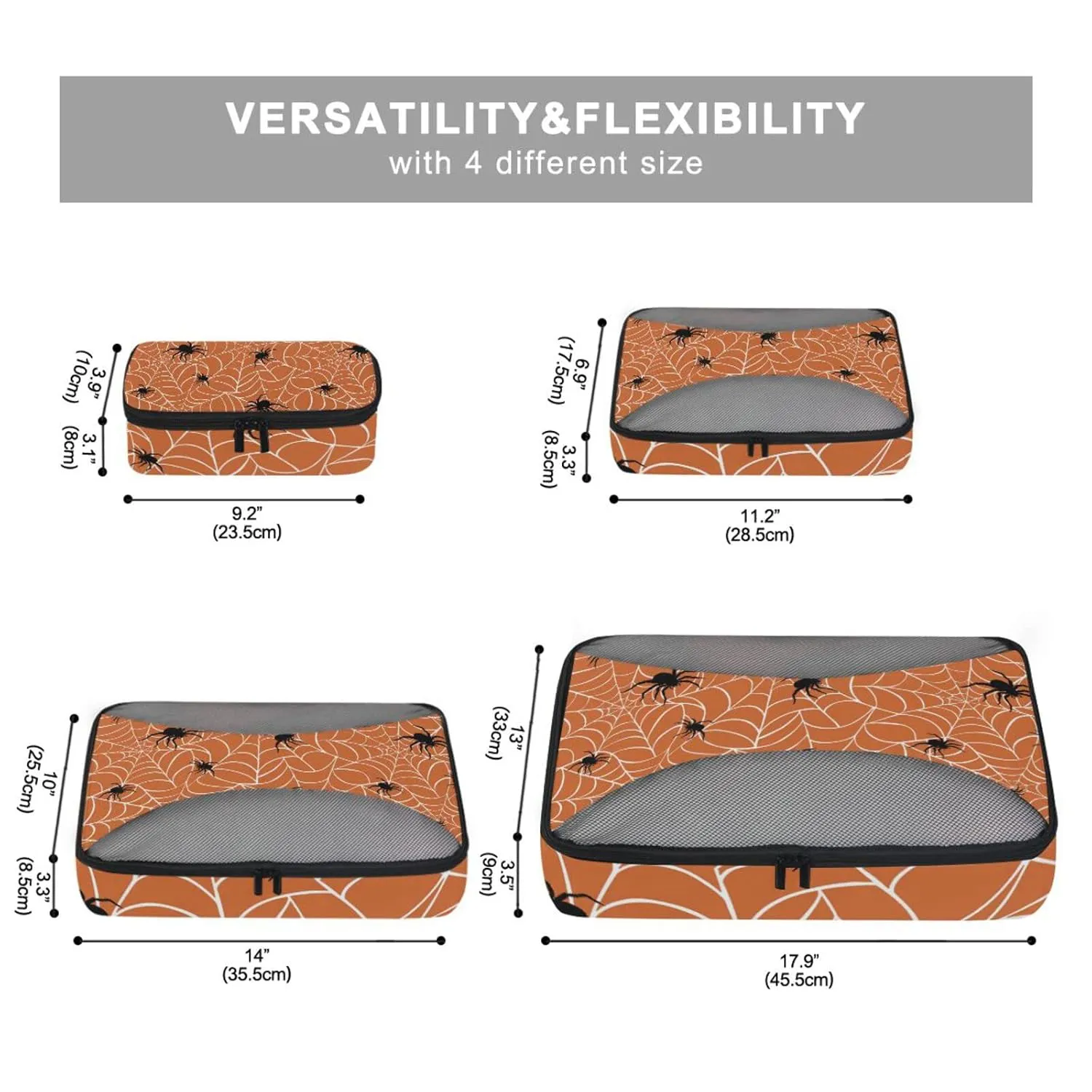 Spiders on Webs Seamless Pattern on Orange 4 Set Packing Cubes, Travel Packing Organizers, 600D Oxford Cloth Toiletry Storage Bag, Luggage Mesh Bags for Accessories