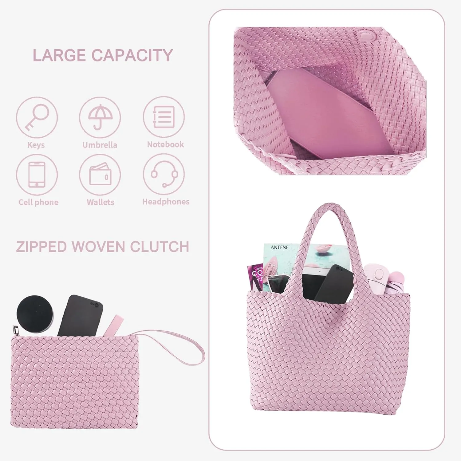 SporGenius Woven Bag for Women, Vegan Leather Tote Bag Large Summer Beach Travel Handbag with Handmade Purse