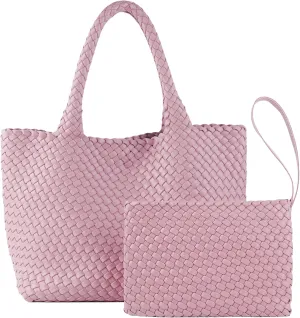 SporGenius Woven Bag for Women, Vegan Leather Tote Bag Large Summer Beach Travel Handbag with Handmade Purse