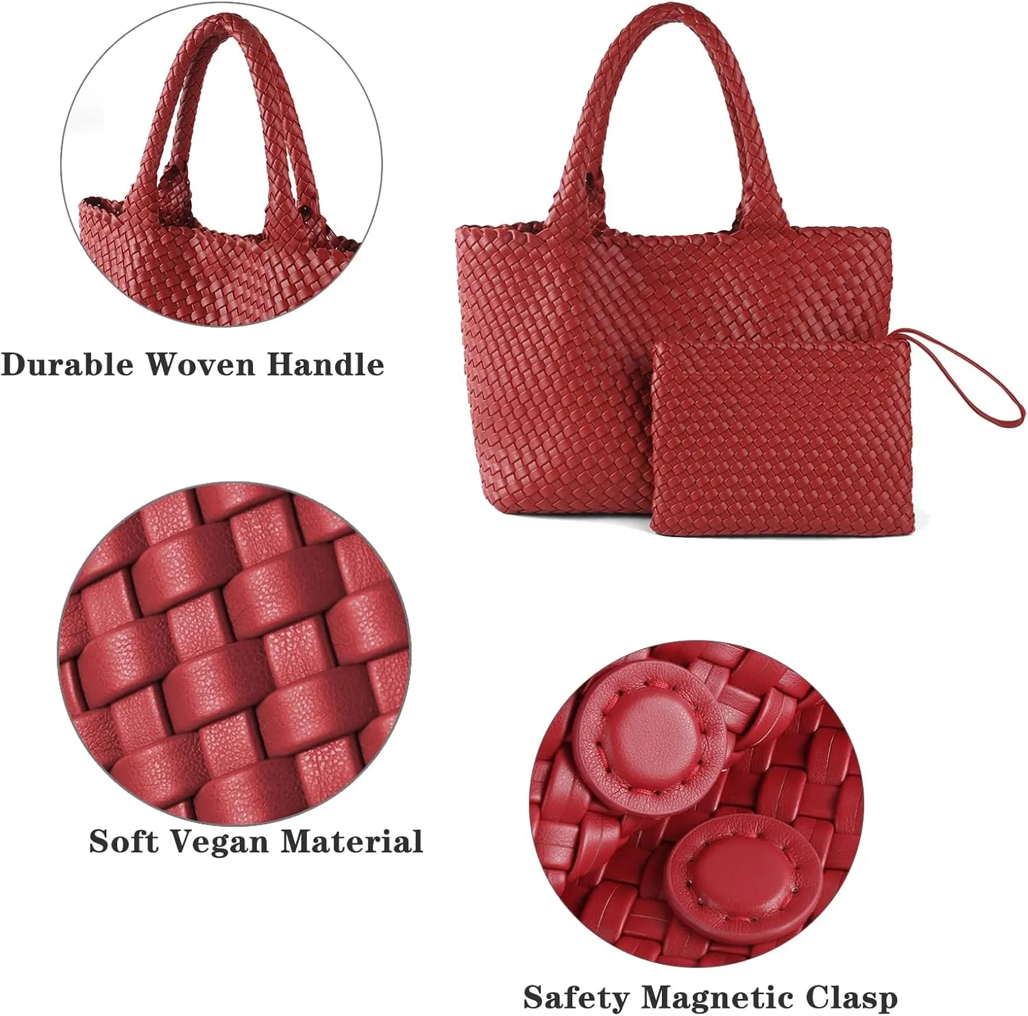 SporGenius Woven Tote Bag for Women, Vegan Leather Beach Bags with Small Purse, Large Travel Top Handle Handbags