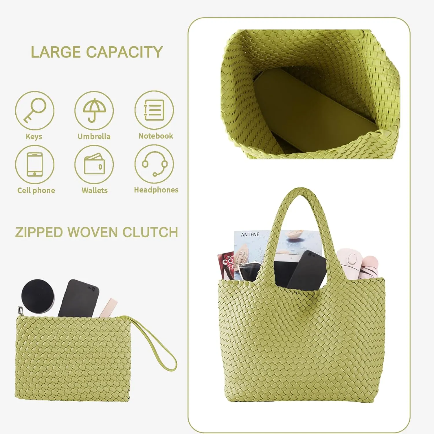 SporGenius Woven Tote Bag for Women, Vegan Leather Beach Bags with Small Purse, Large Travel Top Handle Handbags