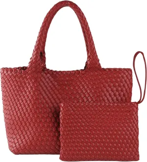 SporGenius Woven Tote Bag for Women, Vegan Leather Beach Bags with Small Purse, Large Travel Top Handle Handbags