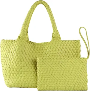 SporGenius Woven Tote Bag for Women, Vegan Leather Beach Bags with Small Purse, Large Travel Top Handle Handbags