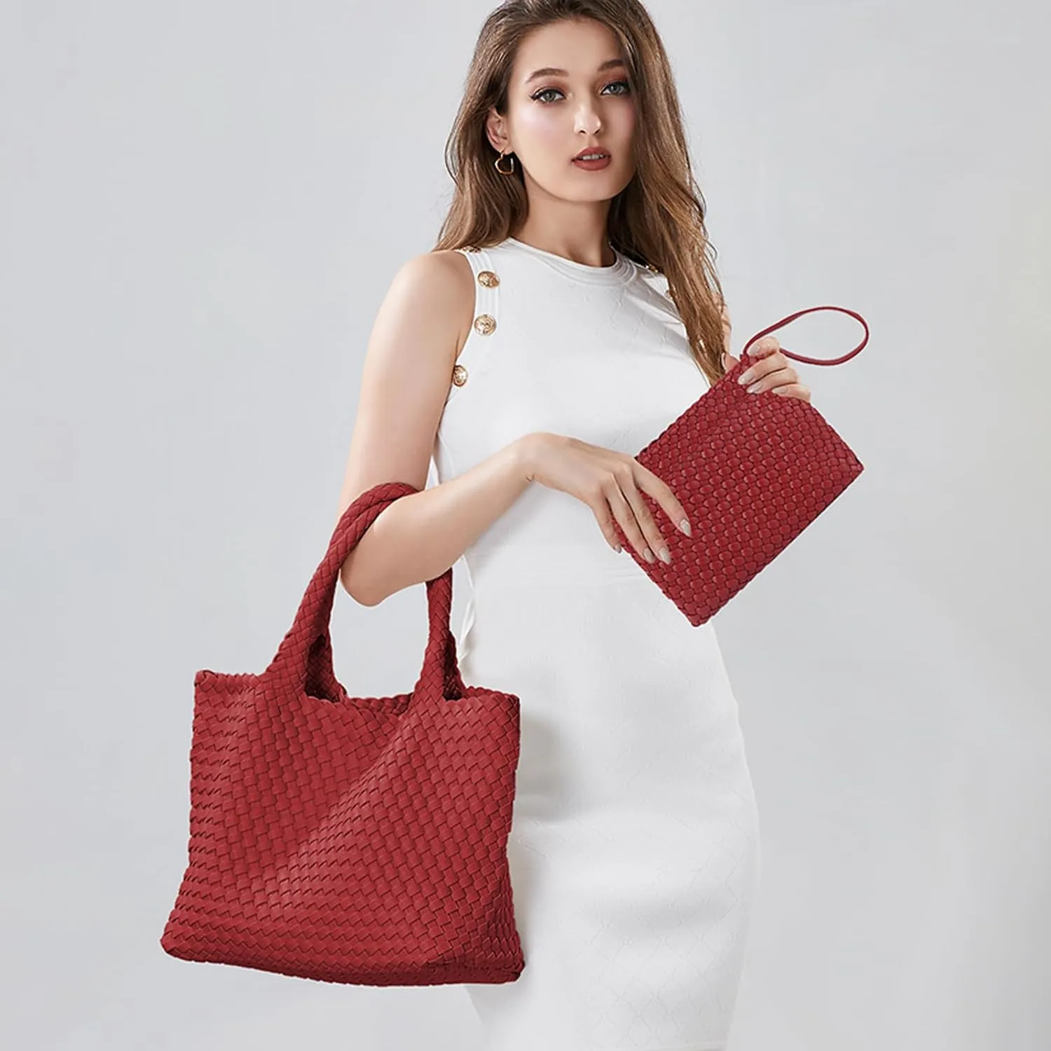SporGenius Woven Tote Bag for Women, Vegan Leather Beach Bags with Small Purse, Large Travel Top Handle Handbags