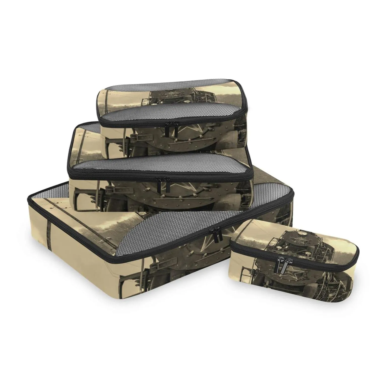 Steam Train in winter with White Snow, Track Route with Smoke 4 Set Packing Cubes, Travel Packing Organizers, 600D Oxford Cloth Toiletry Storage Bag, Luggage Mesh Bags for Accessories