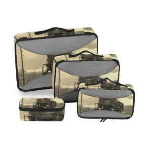 Steam Train in winter with White Snow, Track Route with Smoke 4 Set Packing Cubes, Travel Packing Organizers, 600D Oxford Cloth Toiletry Storage Bag, Luggage Mesh Bags for Accessories