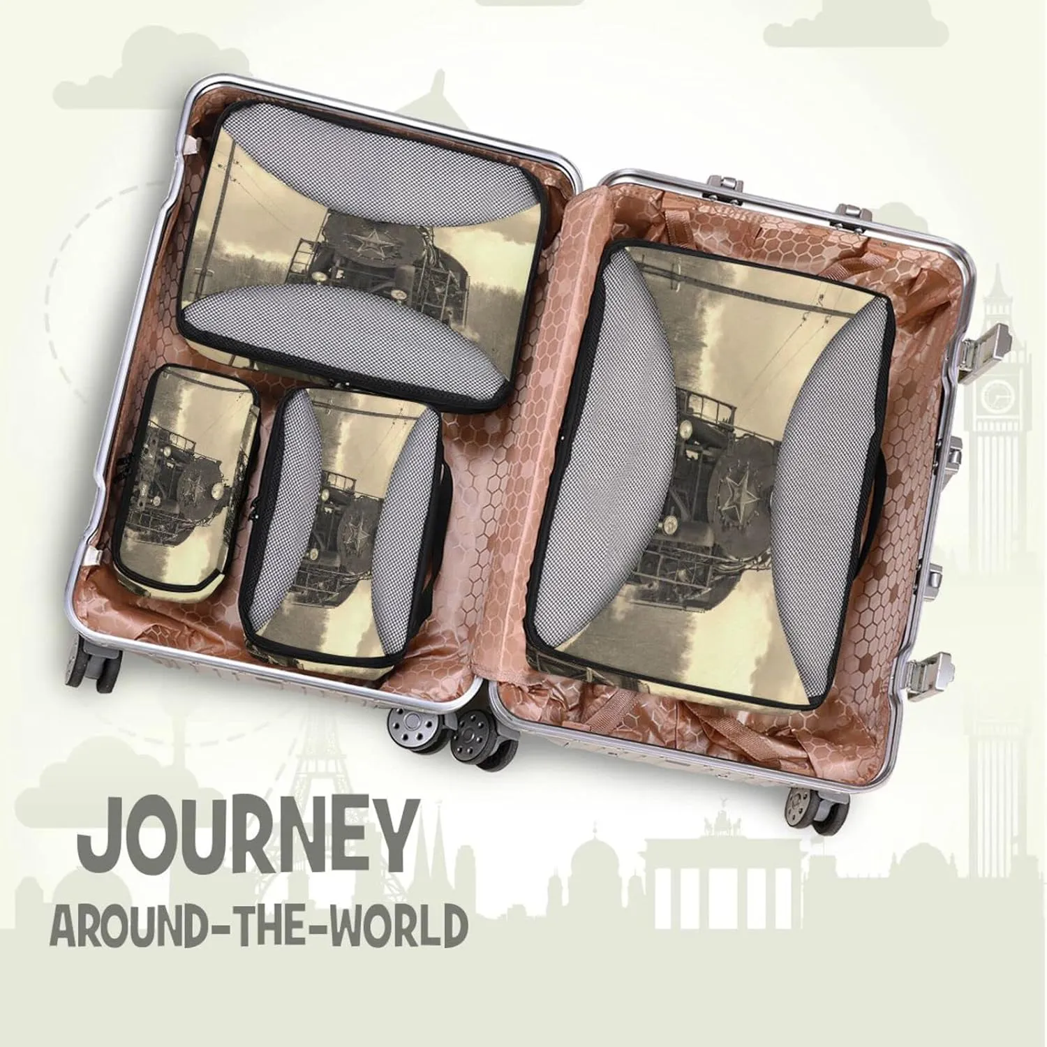 Steam Train in winter with White Snow, Track Route with Smoke 4 Set Packing Cubes, Travel Packing Organizers, 600D Oxford Cloth Toiletry Storage Bag, Luggage Mesh Bags for Accessories