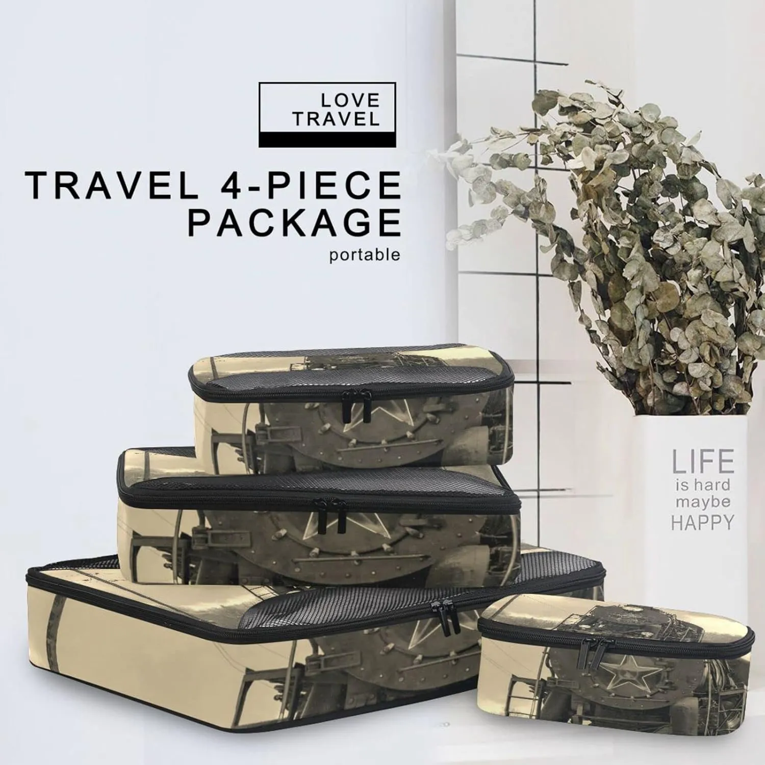 Steam Train in winter with White Snow, Track Route with Smoke 4 Set Packing Cubes, Travel Packing Organizers, 600D Oxford Cloth Toiletry Storage Bag, Luggage Mesh Bags for Accessories