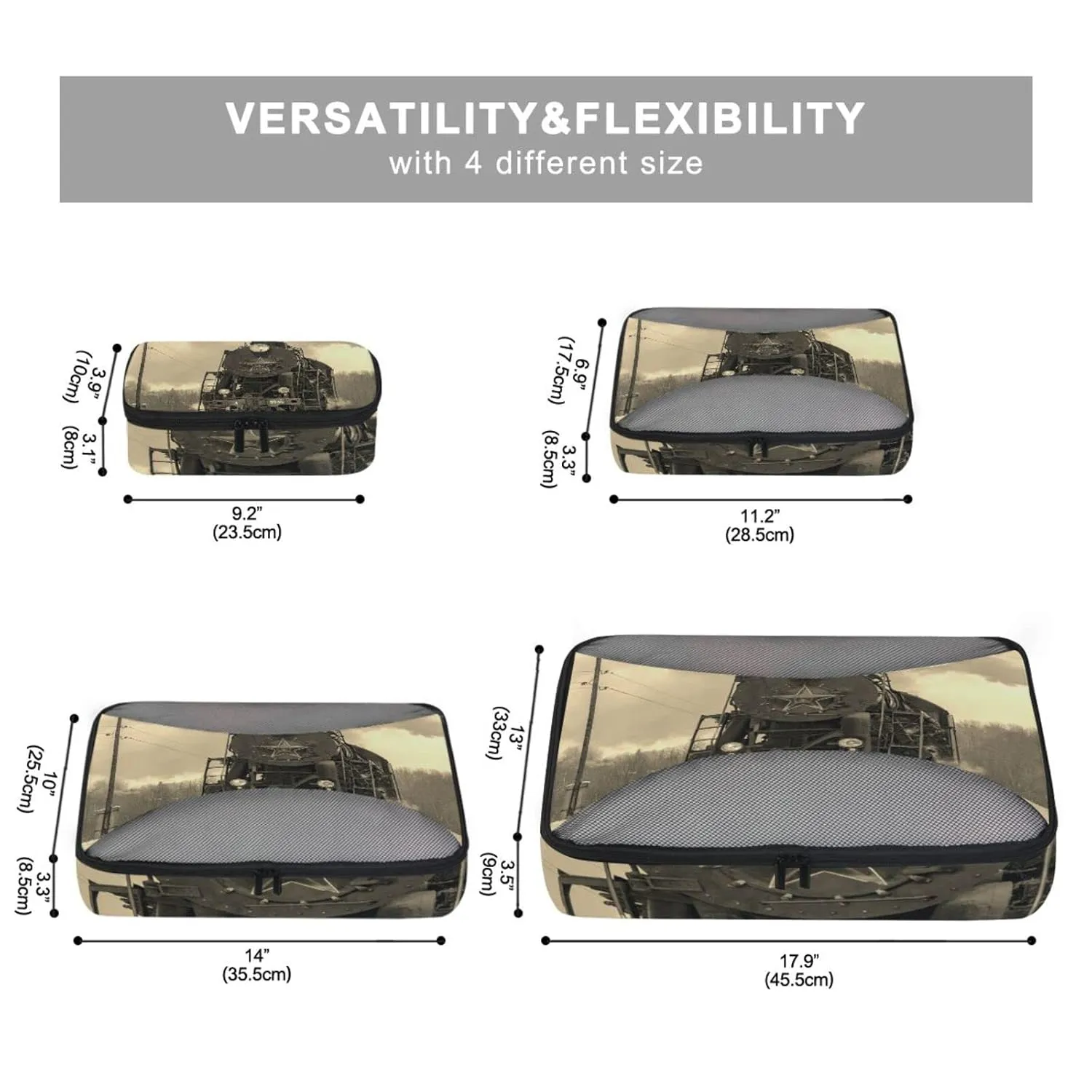 Steam Train in winter with White Snow, Track Route with Smoke 4 Set Packing Cubes, Travel Packing Organizers, 600D Oxford Cloth Toiletry Storage Bag, Luggage Mesh Bags for Accessories