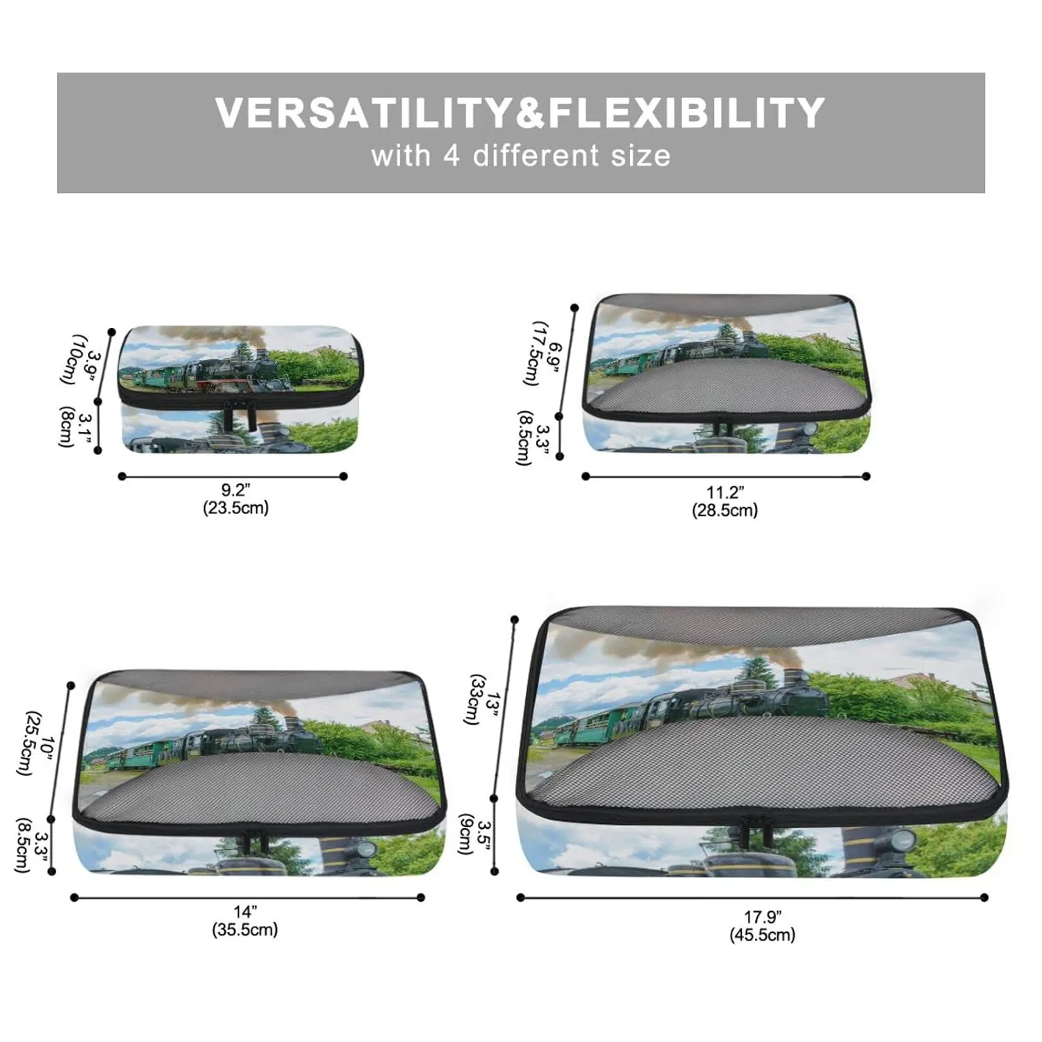 Steam Train with Smoke Green Grass Trees Country View 4 Set Packing Cubes, Travel Packing Organizers, 600D Oxford Cloth Toiletry Storage Bag, Luggage Mesh Bags for Accessories