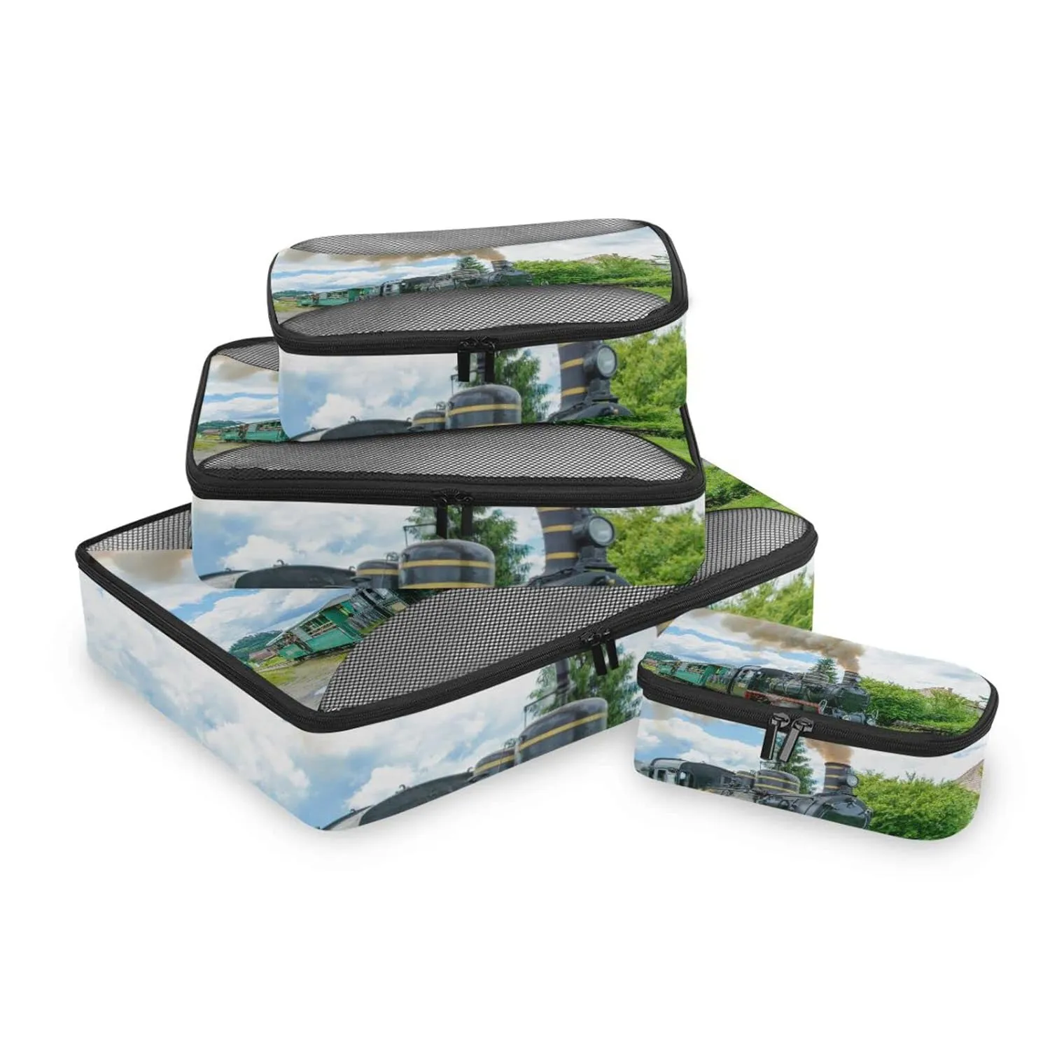 Steam Train with Smoke Green Grass Trees Country View 4 Set Packing Cubes, Travel Packing Organizers, 600D Oxford Cloth Toiletry Storage Bag, Luggage Mesh Bags for Accessories