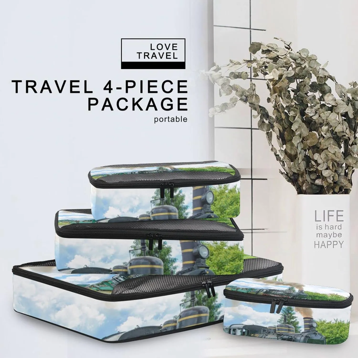Steam Train with Smoke Green Grass Trees Country View 4 Set Packing Cubes, Travel Packing Organizers, 600D Oxford Cloth Toiletry Storage Bag, Luggage Mesh Bags for Accessories