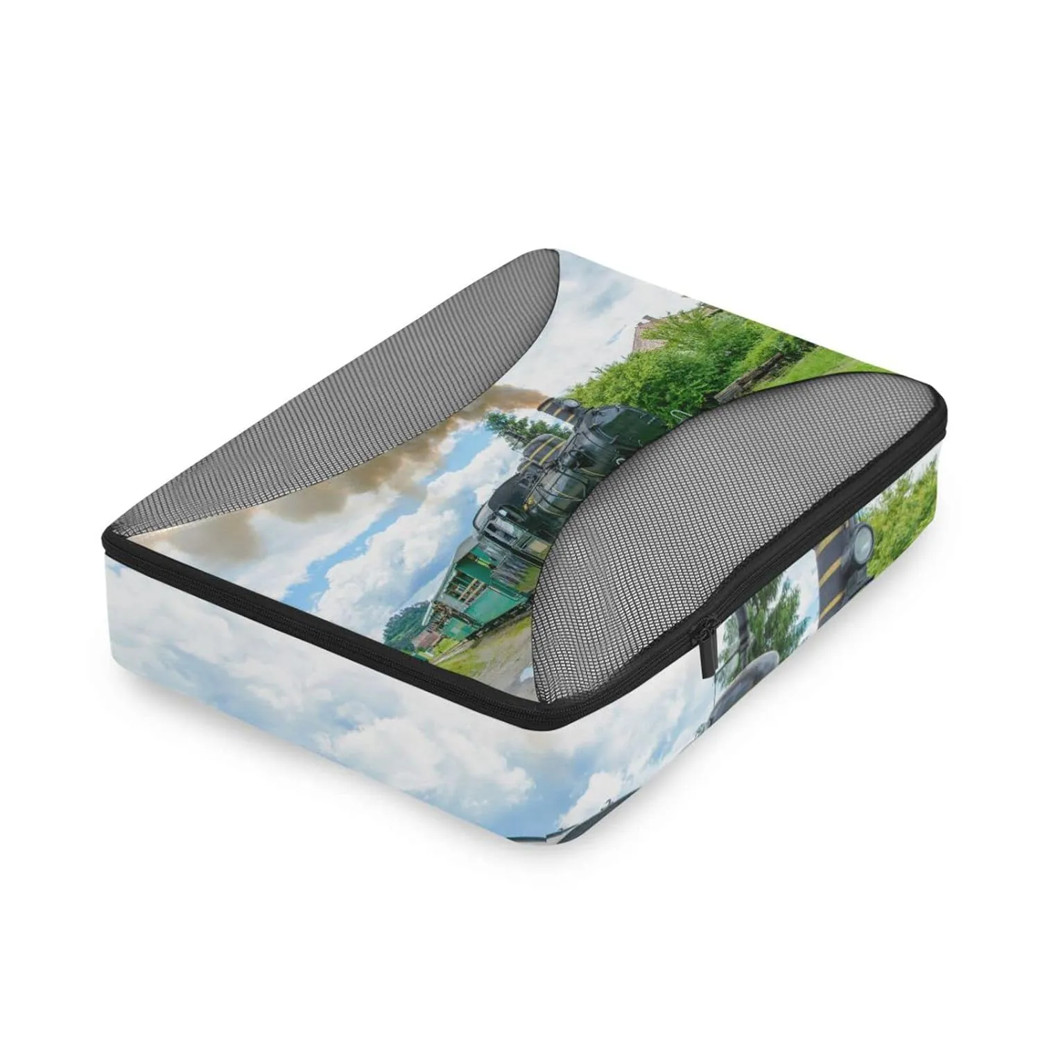 Steam Train with Smoke Green Grass Trees Country View 4 Set Packing Cubes, Travel Packing Organizers, 600D Oxford Cloth Toiletry Storage Bag, Luggage Mesh Bags for Accessories