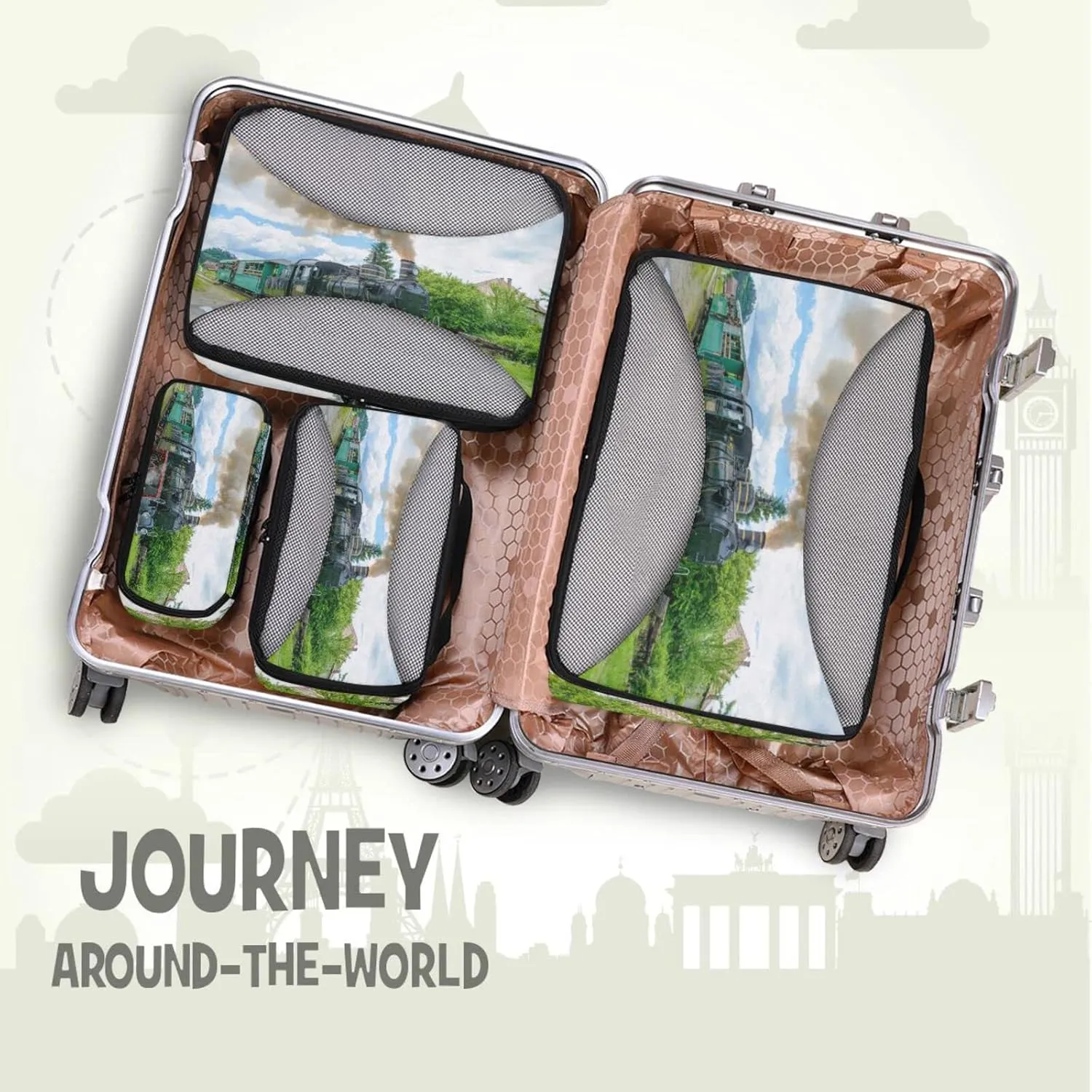 Steam Train with Smoke Green Grass Trees Country View 4 Set Packing Cubes, Travel Packing Organizers, 600D Oxford Cloth Toiletry Storage Bag, Luggage Mesh Bags for Accessories