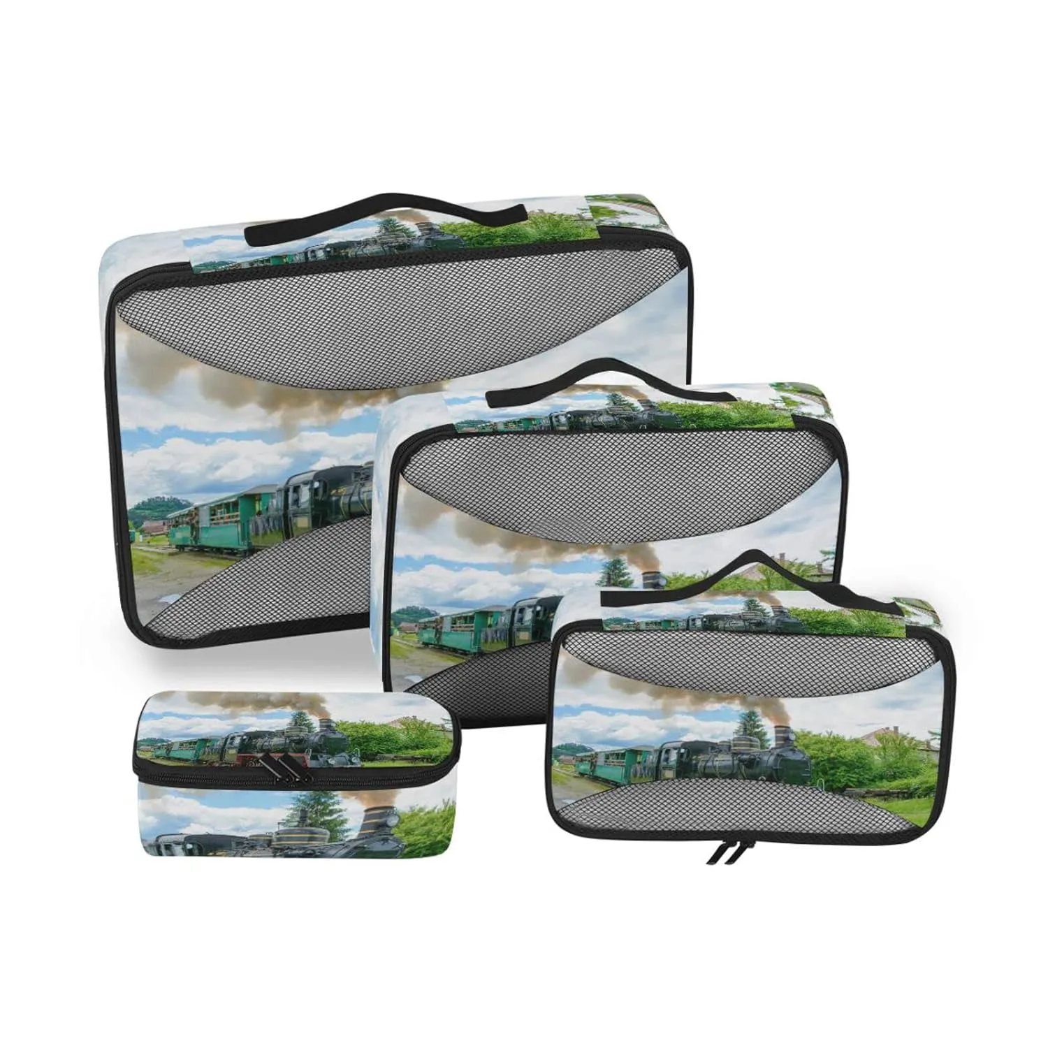 Steam Train with Smoke Green Grass Trees Country View 4 Set Packing Cubes, Travel Packing Organizers, 600D Oxford Cloth Toiletry Storage Bag, Luggage Mesh Bags for Accessories