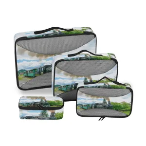 Steam Train with Smoke Green Grass Trees Country View 4 Set Packing Cubes, Travel Packing Organizers, 600D Oxford Cloth Toiletry Storage Bag, Luggage Mesh Bags for Accessories