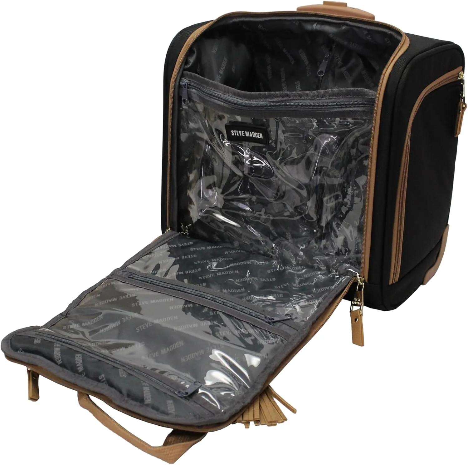 steve madden Designer 15 Inch Carry on Suitcase- Small Weekender Overnight Business Travel Luggage- Lightweight 2- Rolling Spinner Wheels Under Seat Bag for Women (Harlo Black)