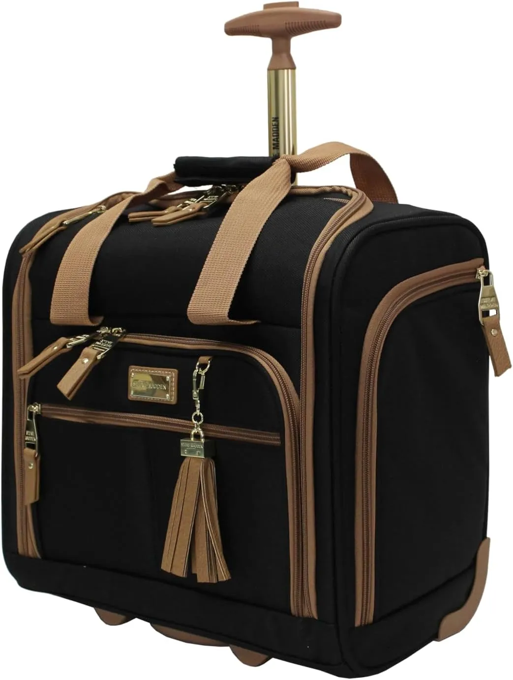 steve madden Designer 15 Inch Carry on Suitcase- Small Weekender Overnight Business Travel Luggage- Lightweight 2- Rolling Spinner Wheels Under Seat Bag for Women (Harlo Black)