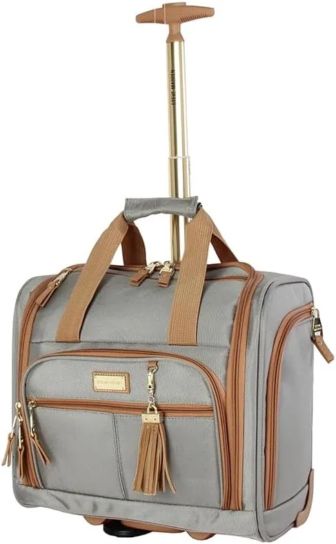 Steve Madden Designer 15 Inch Carry on Suitcase- Small Weekender Overnight Business Travel Luggage- Lightweight 2- Rolling Spinner Wheels Under Seat Bag for Women (Harlo Gray)