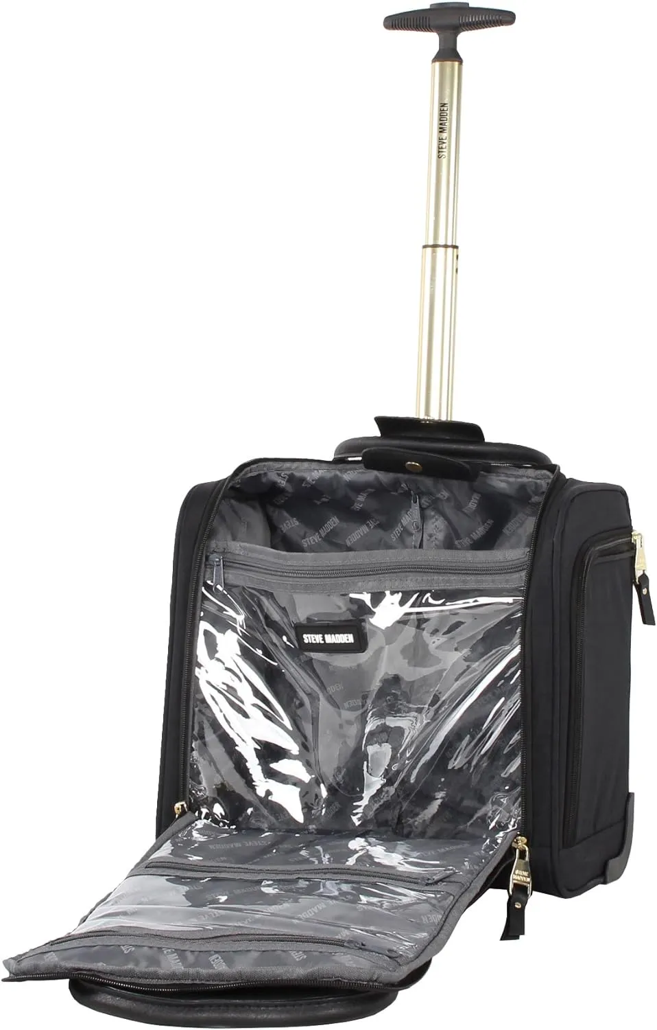 steve madden Designer 15 Inch Carry on Suitcase- Small Weekender Overnight Business Travel Luggage- Lightweight 2- Rolling Spinner Wheels Under Seat Bag for Women (Peek-A-Boo Black)