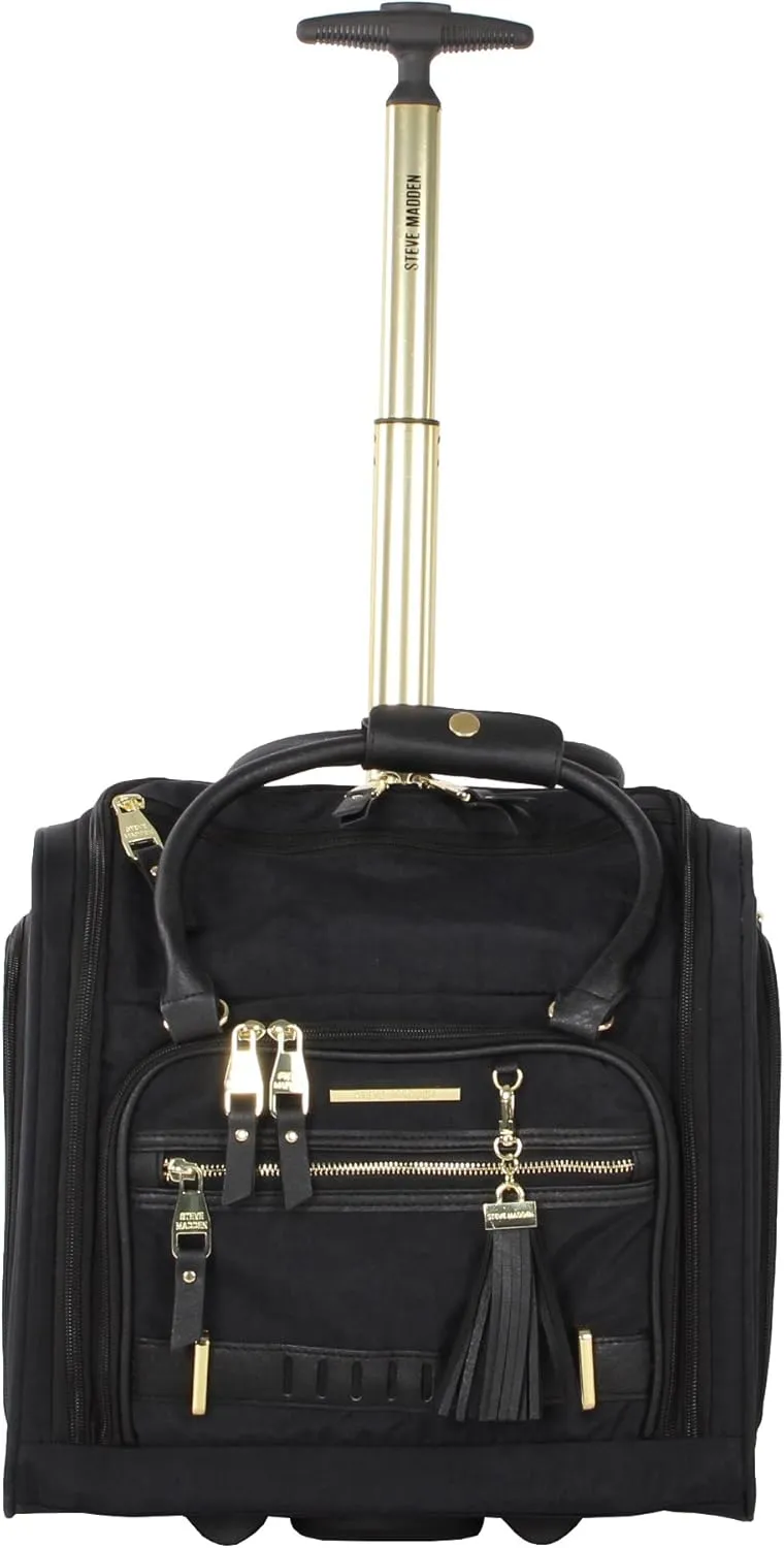 steve madden Designer 15 Inch Carry on Suitcase- Small Weekender Overnight Business Travel Luggage- Lightweight 2- Rolling Spinner Wheels Under Seat Bag for Women (Peek-A-Boo Black)