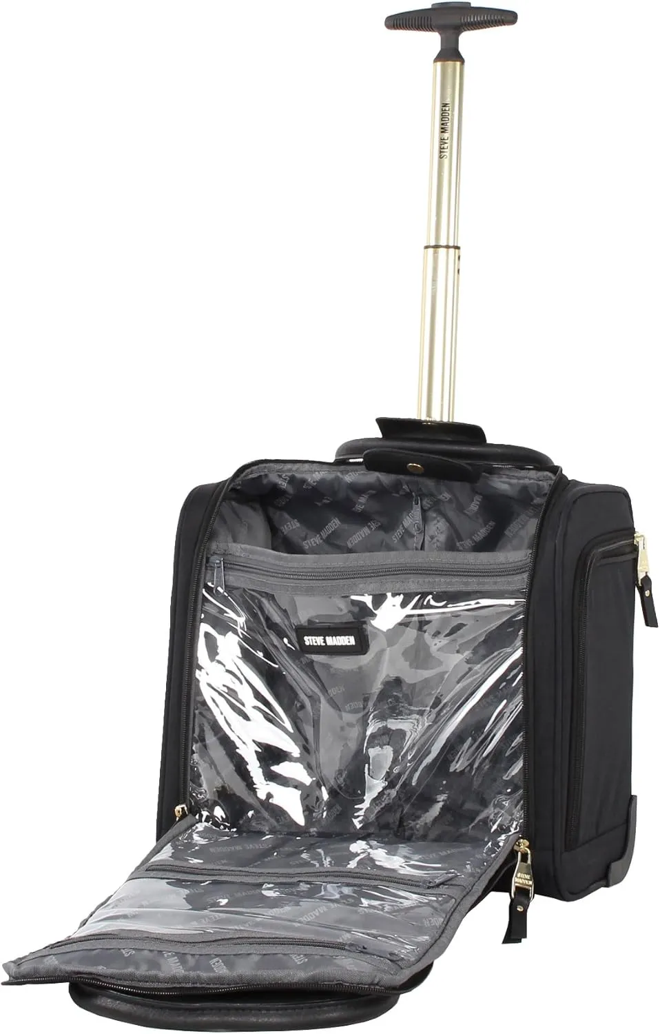 steve madden Designer 15 Inch Carry on Suitcase- Small Weekender Overnight Business Travel Luggage- Lightweight 2- Rolling Spinner Wheels Under Seat Bag for Women (Peek-A-Boo Black)