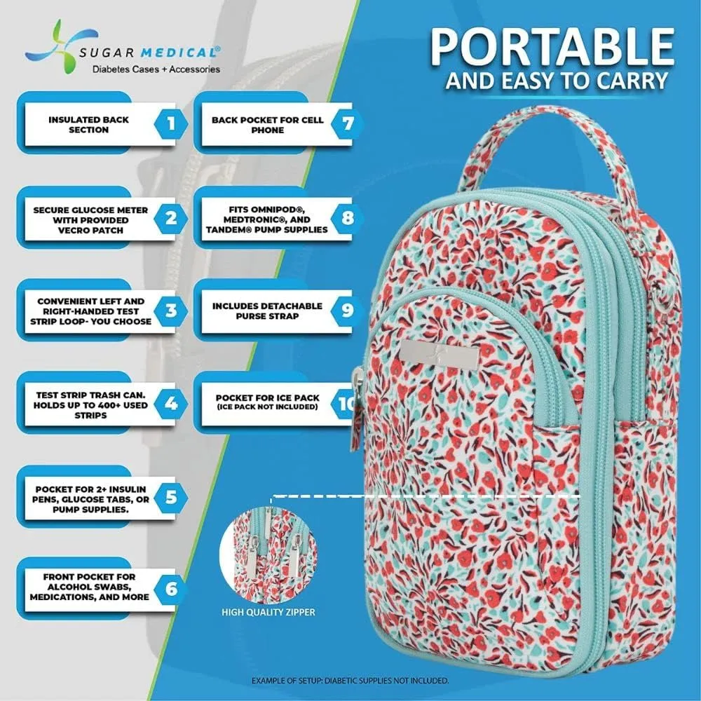 Sugar Medical Insulated Triple Zip Diabetes Supply Purse. Diabetic Case Fits: Any Glucose Meter, Insulin Pump Supplies, Insulin, Test Strips, Insulin Pen, Glucagon, Phone and More (Lily)