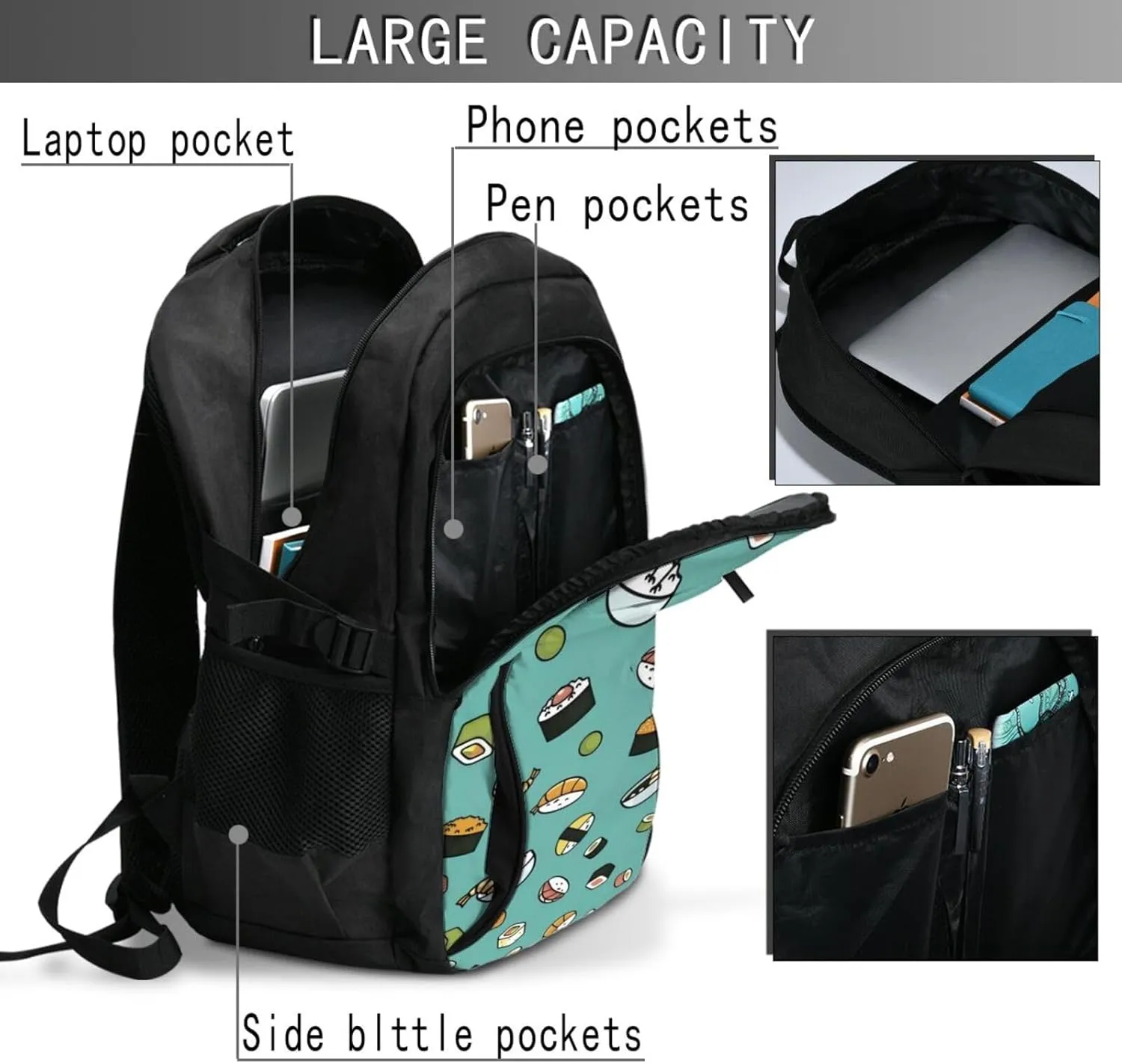 Sushi Travel Laptop Backpack,18 Inch Carry on Backpack for Men Women with USB Port, Work Computer Backpack