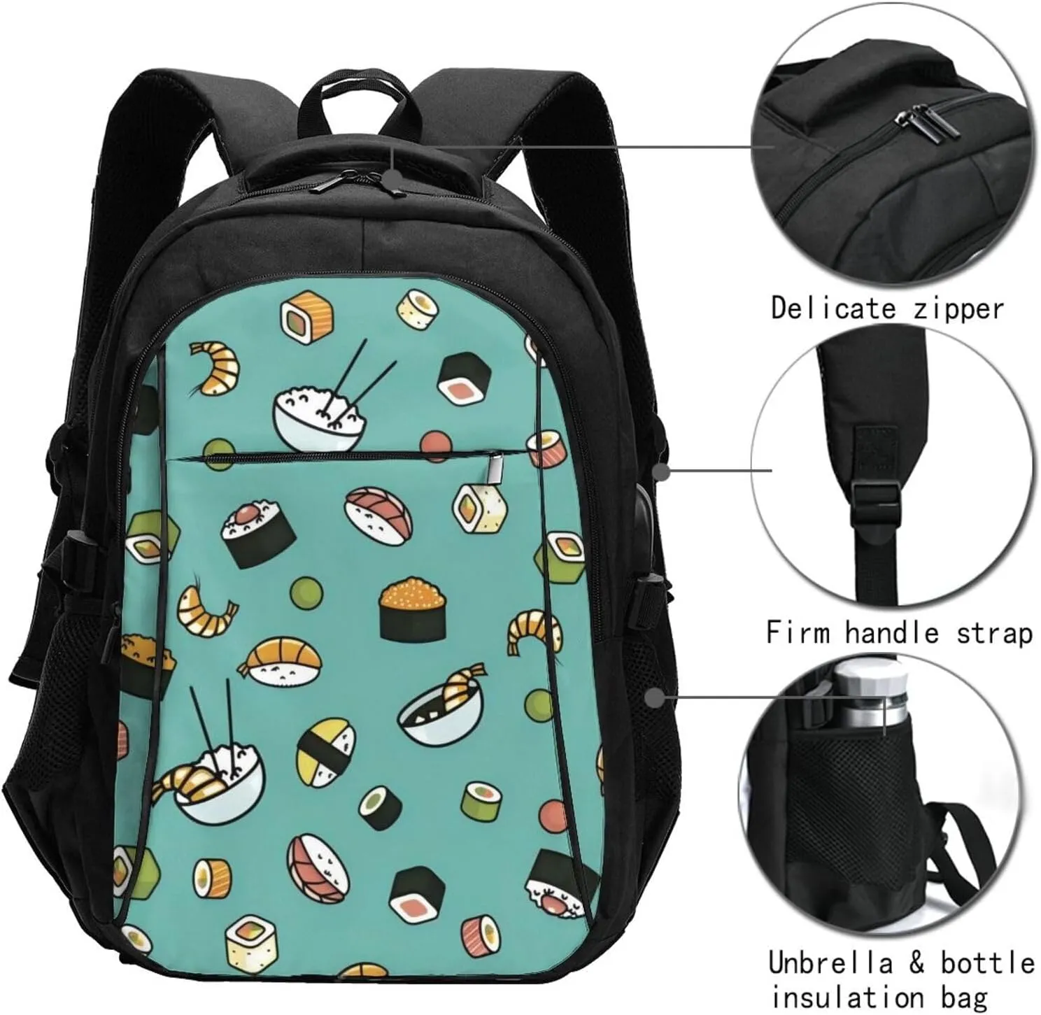 Sushi Travel Laptop Backpack,18 Inch Carry on Backpack for Men Women with USB Port, Work Computer Backpack