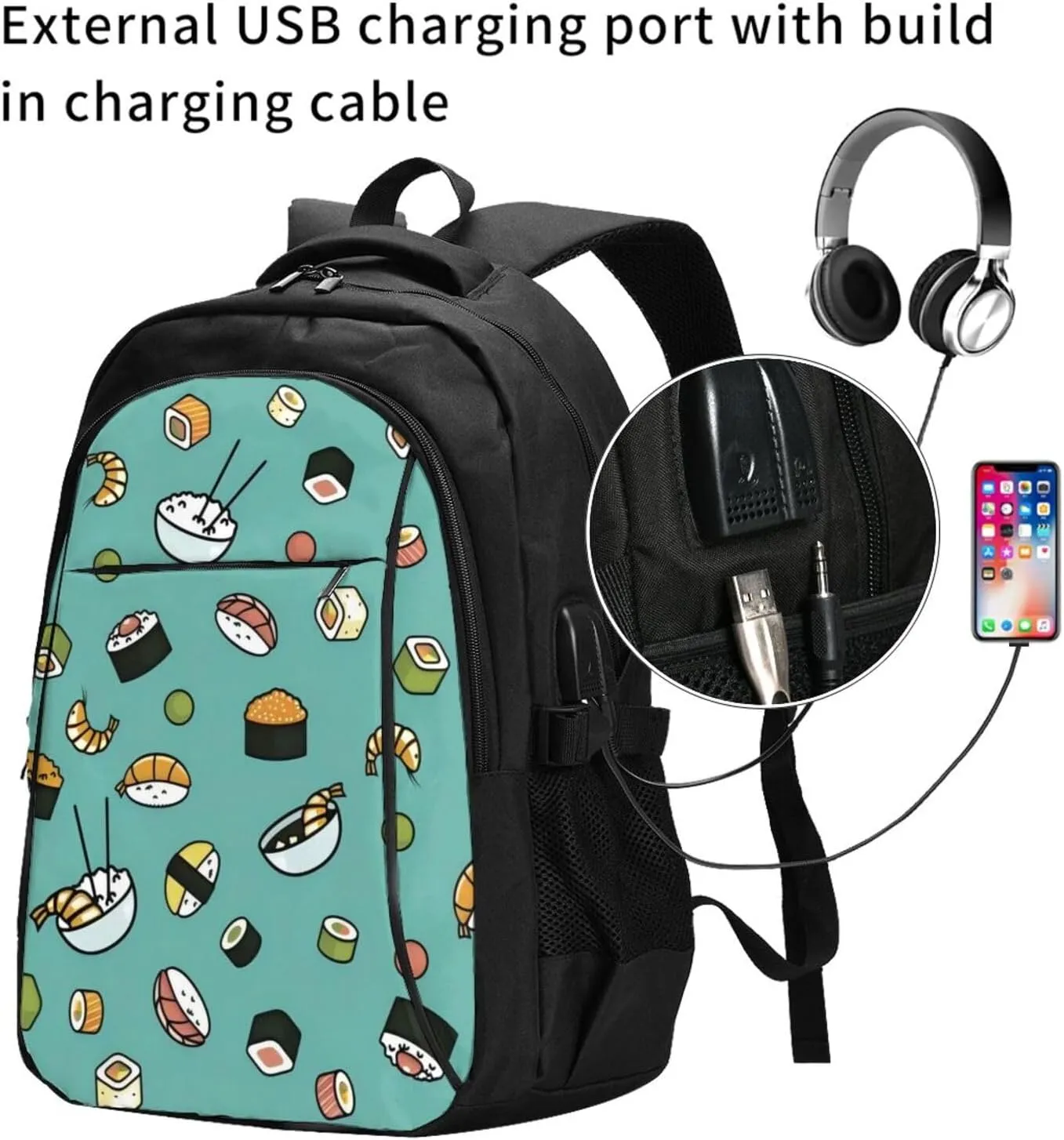 Sushi Travel Laptop Backpack,18 Inch Carry on Backpack for Men Women with USB Port, Work Computer Backpack