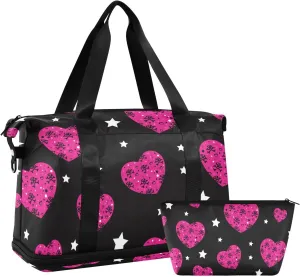 susiyo Travel Duffel Bags for Women, Pink Heart and Skull Sports Duffel Bags Gym Bags with Shoes Compartment, Tote Bag Weekender Bag for Travelling