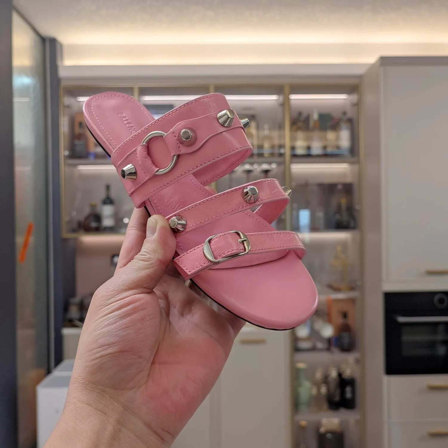 Tailored selection IN PINK SHEEPSKIN Accessible Balanciaga WAX-OIL WEWAK STUDDED SANDALS STRAPPY FLAT