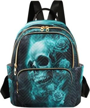 Teal Roses Skull Face Women Mini Backpack Purse Ladies Casual Shoulder Bag Daypack for School Work Travel Medium